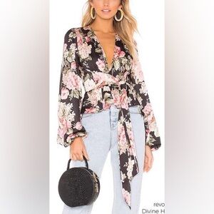 Divine Heritage Floral Wrap Blouse - Black and Pink